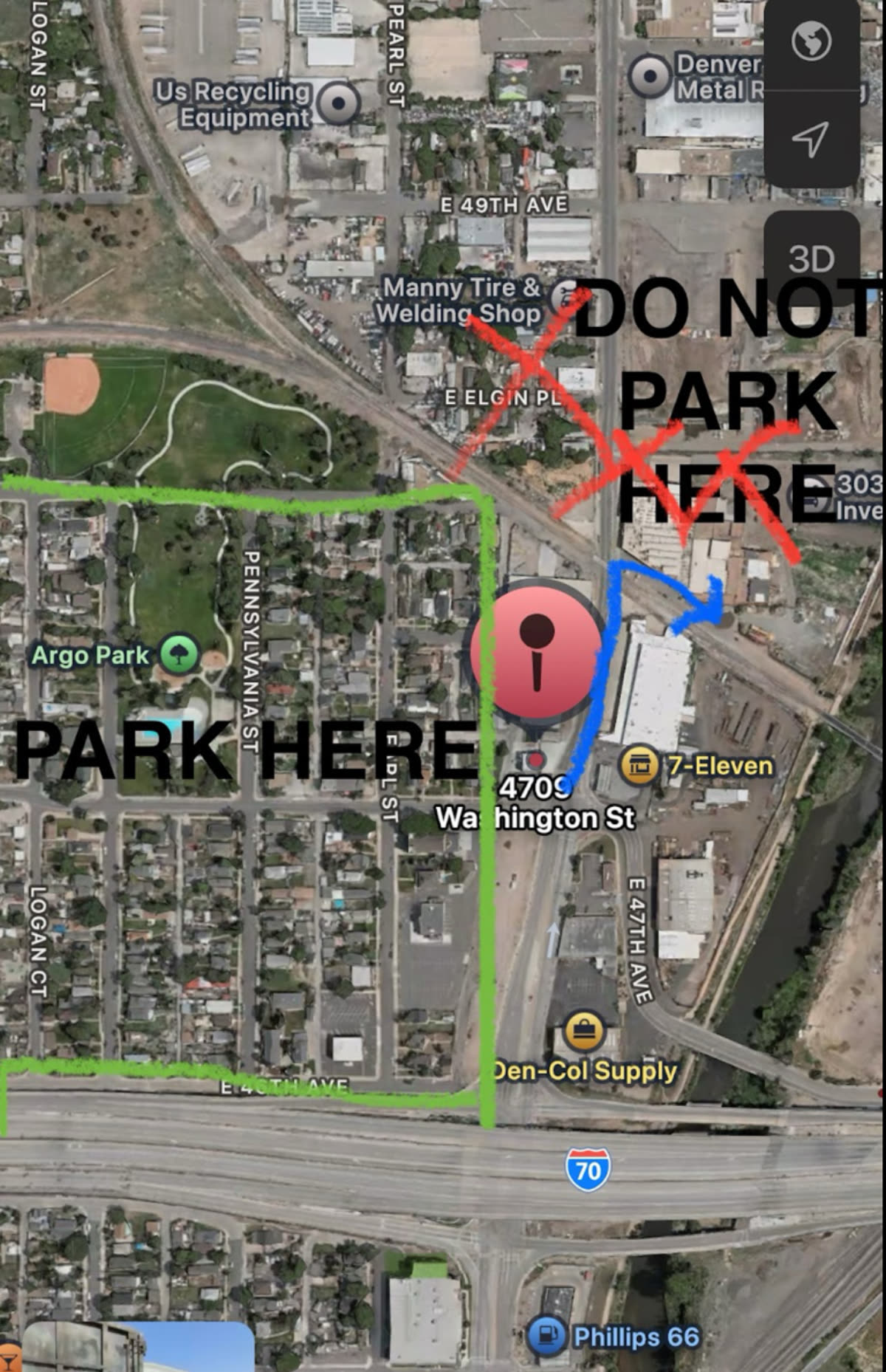 Aerial parking map: park in the neighborhood west of Washington St (green), do not park north of the tracks near Manny Tire (red X), walk to checkpoint at 4709 Washington St